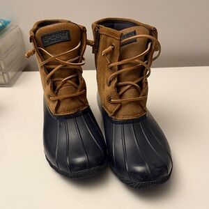 Sperry Tan and Navy Duck Boots